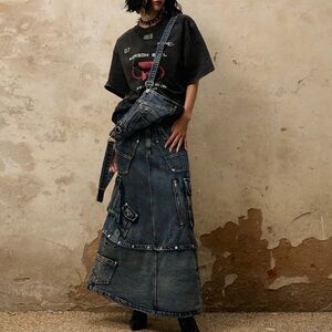 PERSONSOUL MUD MAXI DENIM DUNGAREES SKIRT, MEDIUM